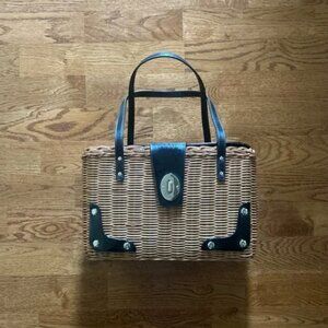 Kate Spade New York Handbag Wicker Basket Black Patent Leather Purse Tote Picnic